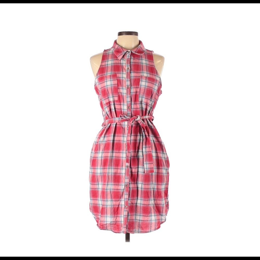 Red Plaid Button Down Sleeveless Shirtdress